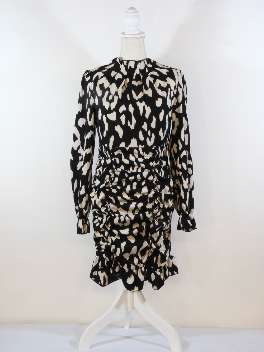 SHEIN Black and Cream Animal-Print Long Sleeve Ruched Dress